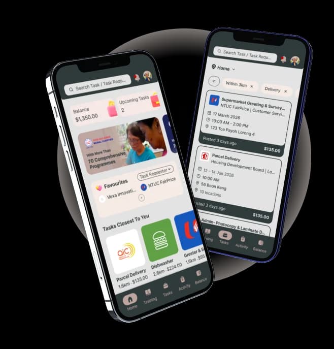 SilverHands micro-tasker app screens showing nearby task discovery and task browsing.