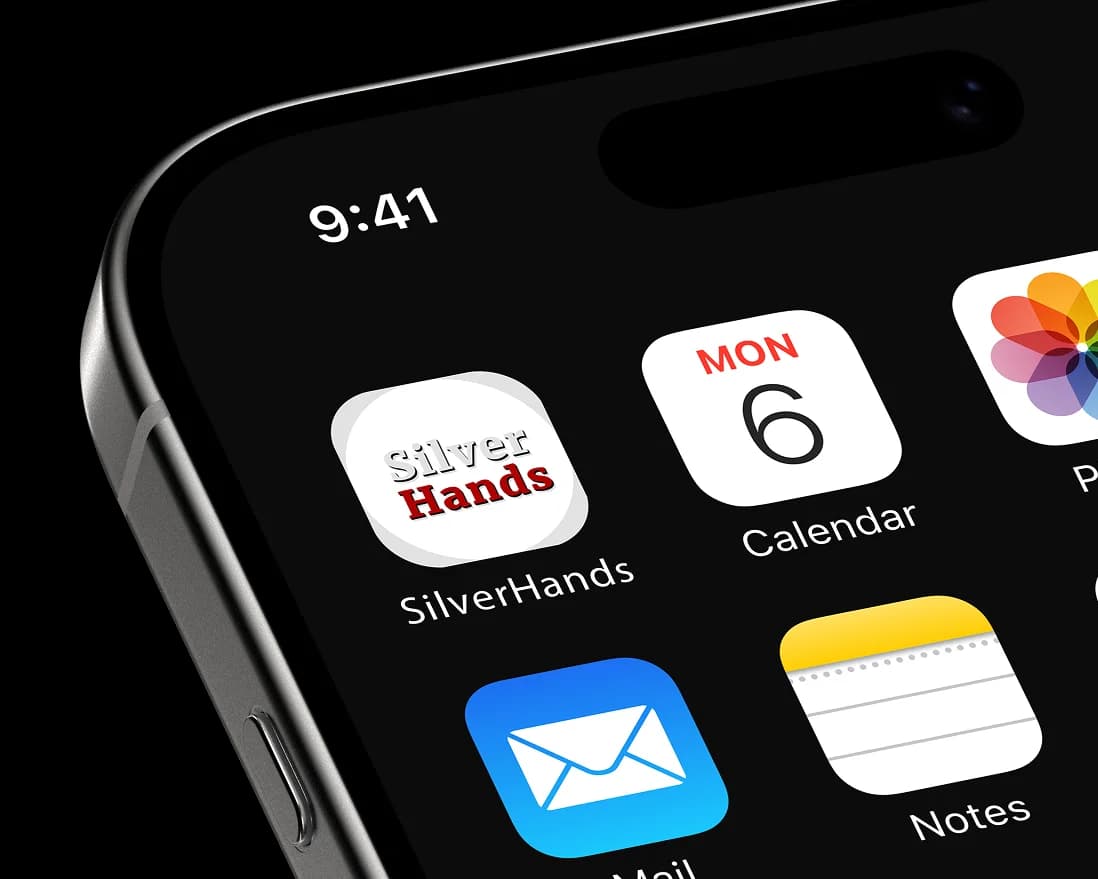 SilverHands app icon shown on a close-up mobile phone home screen.