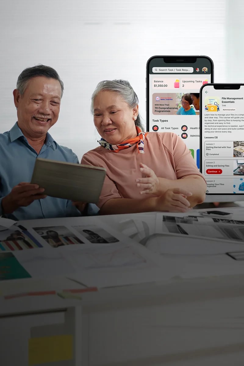 Two seniors using a tablet beside SilverHands mobile app screens.